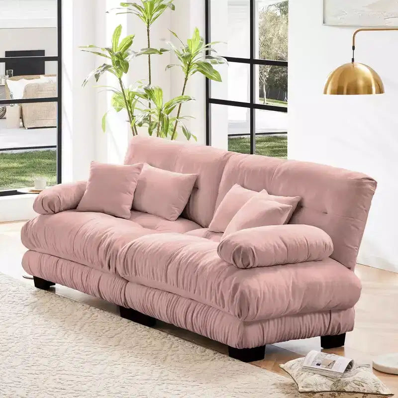 Canapé 2 places avec 2 coussins d'assise, 2 coussins lombaires, 2 coussins décoratifs pour salon rose