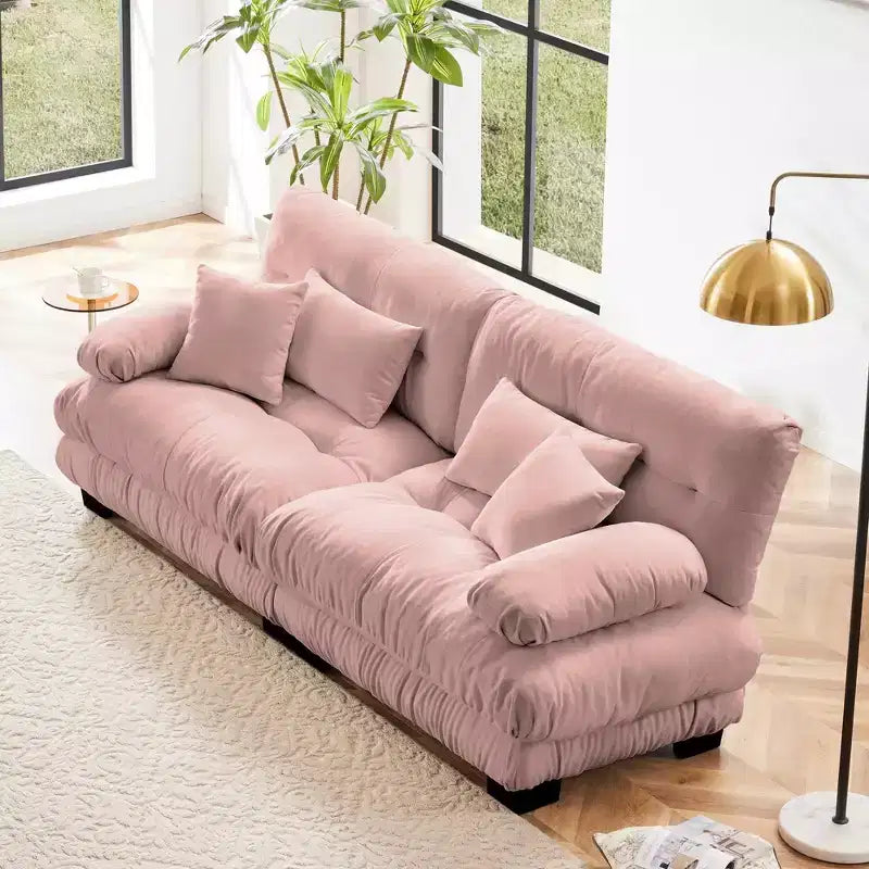 Canapé 2 places avec 2 coussins d'assise, 2 coussins lombaires, 2 coussins décoratifs pour salon rose