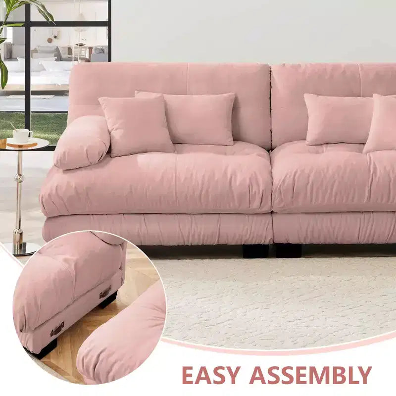 Canapé 2 places avec 2 coussins d'assise, 2 coussins lombaires, 2 coussins décoratifs pour salon rose