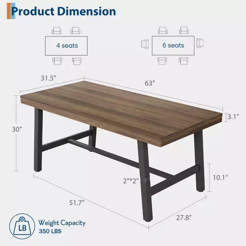Table à manger industrielle pour 4 à 6 personnes, table de cuisine longue de 160 cm avec plateau en bois, cadre métallique robuste et finition marron rustique – table rectangulaire pour 4 places