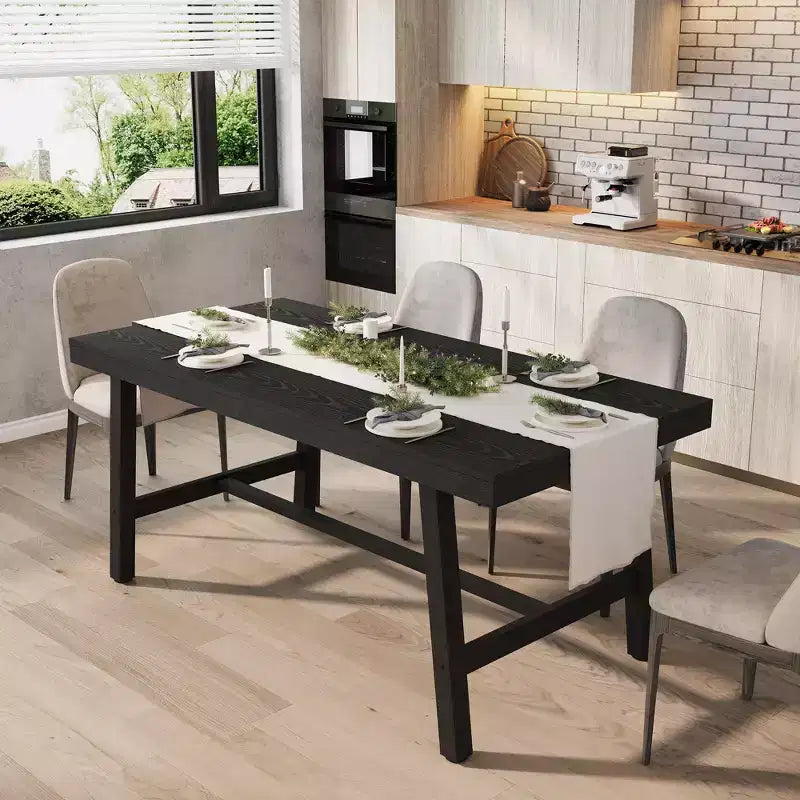Industrial Dining Table for 4-6 People, 63 Long Wooden Kitchen Table with Sturdy Metal Frame & Rustic Brown Finish - Seats 4 Rectangular Counter