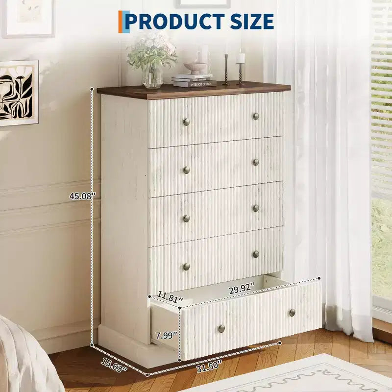 Commode haute à 5 tiroirs cannelés, commode verticale en bois avec poignées métalliques, armoire de rangement peu encombrante pour chambre à coucher, appartement, chambre d'amis.
