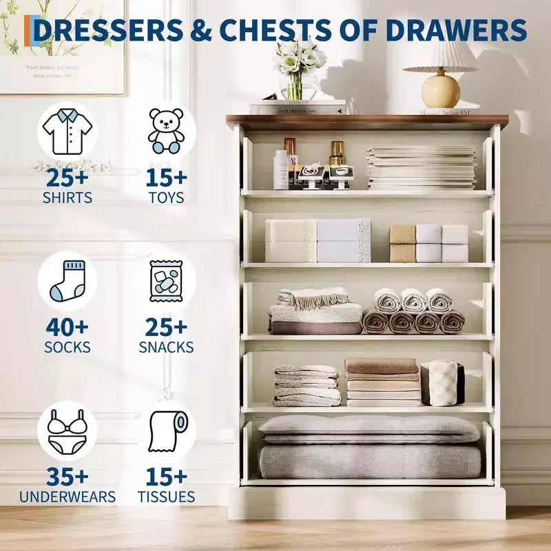 Commode haute à 5 tiroirs cannelés, commode verticale en bois avec poignées métalliques, armoire de rangement peu encombrante pour chambre à coucher, appartement, chambre d'amis.
