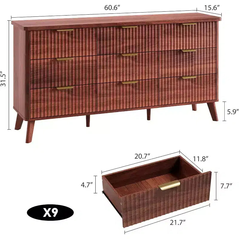 Commode à 9 tiroirs pour chambre à coucher, commode de 154 cm de large avec profil incurvé, tiroirs en bois cannelé, commode moderne pour salon