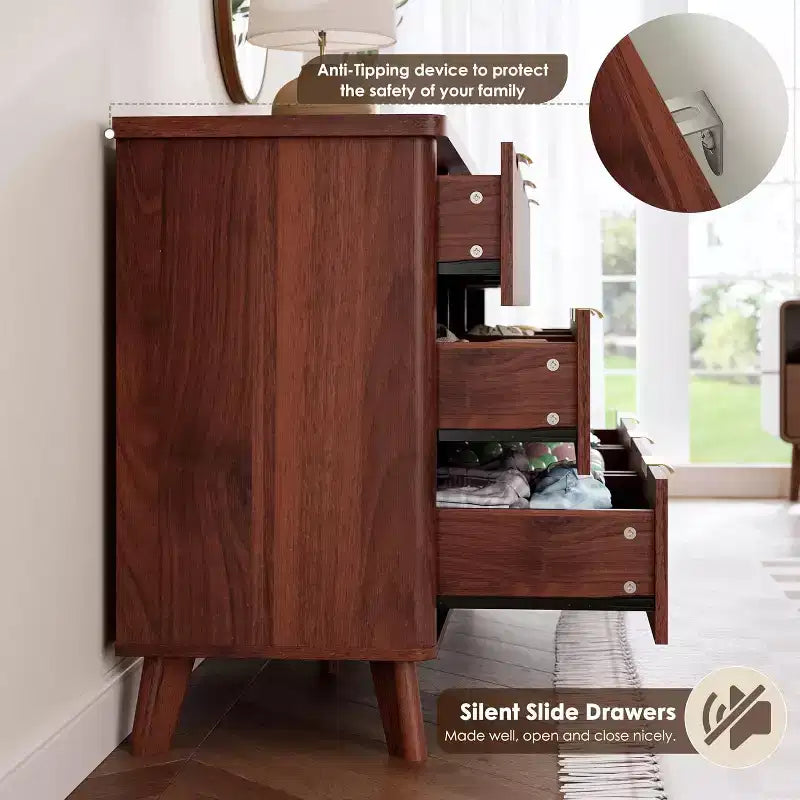 Commode à 9 tiroirs pour chambre à coucher, commode de 154 cm de large avec profil incurvé, tiroirs en bois cannelé, commode moderne pour salon