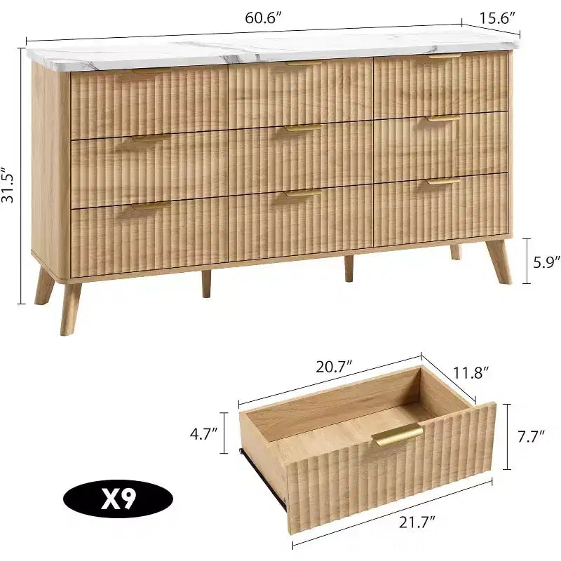 Commode à 9 tiroirs pour chambre à coucher, commode de 154 cm de large avec profil incurvé, tiroirs en bois cannelé, commode moderne pour salon