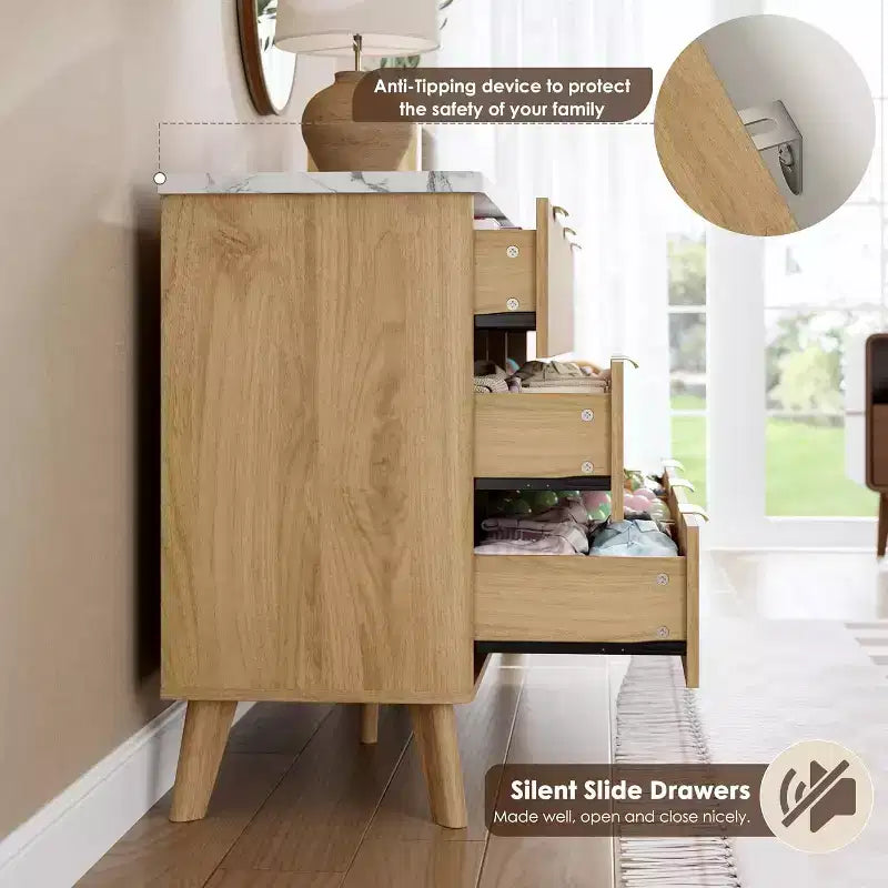 Commode à 9 tiroirs pour chambre à coucher, commode de 154 cm de large avec profil incurvé, tiroirs en bois cannelé, commode moderne pour salon
