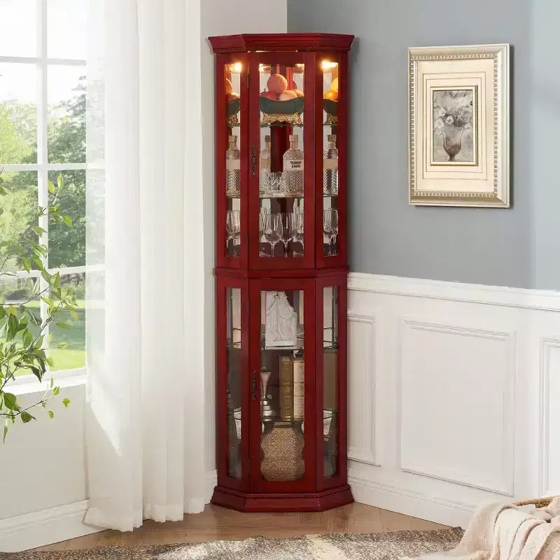 Vitrine d'angle avec éclairage, étagères en verre réglables et décoration perlée pour l'exposition de collections