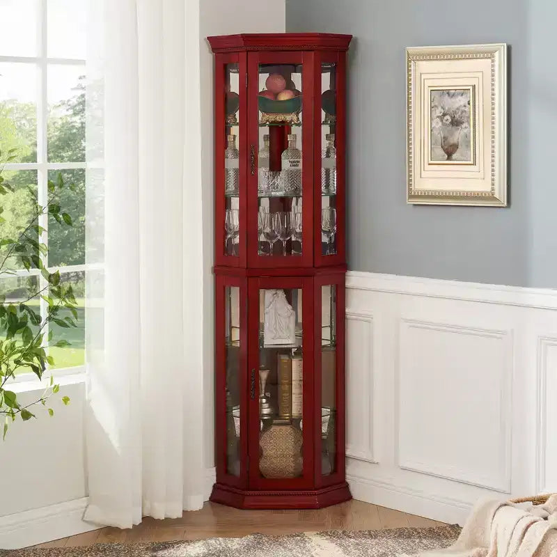Vitrine d'angle avec éclairage, étagères en verre réglables et décoration perlée pour l'exposition de collections