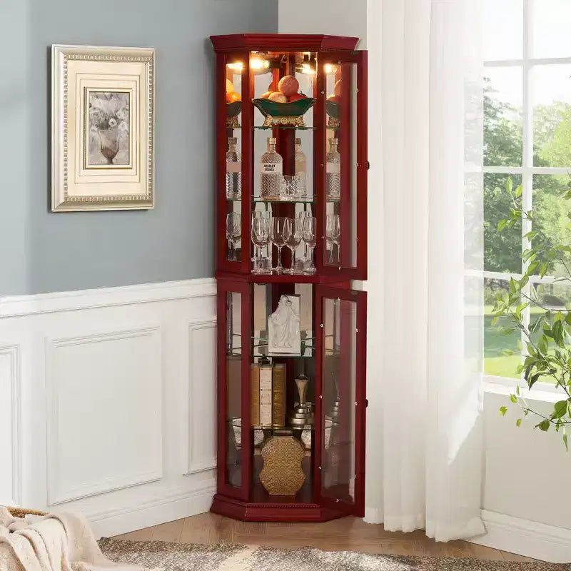 Vitrine d'angle avec éclairage, étagères en verre réglables et décoration perlée pour l'exposition de collections
