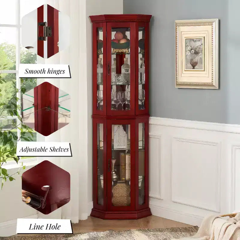 Vitrine d'angle avec éclairage, étagères en verre réglables et décoration perlée pour l'exposition de collections