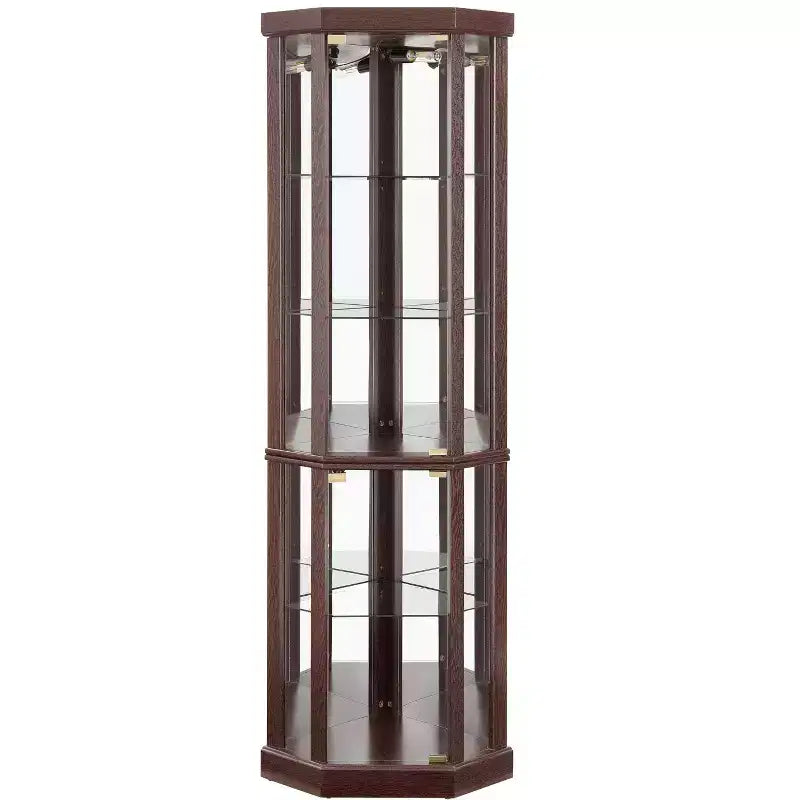 Vitrine d'angle éclairée avec étagères en verre réglables et dispositif anti-basculement pour collections d'antiquités