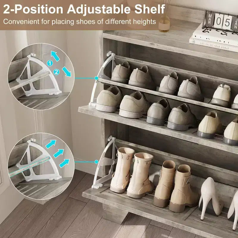 Meuble à chaussures, étagère à chaussures étroite à 2 niveaux avec crochets, organiseur d'entrée mince de style ferme pour les petits espaces