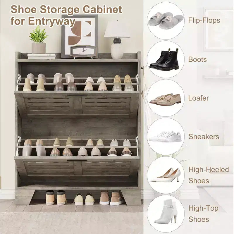 Meuble à chaussures, étagère à chaussures étroite à 2 niveaux avec crochets, organiseur d'entrée mince de style ferme pour les petits espaces