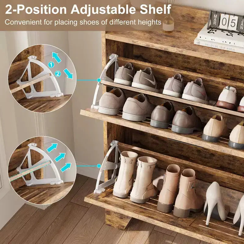 Meuble à chaussures, étagère à chaussures étroite à 2 niveaux avec crochets, organiseur d'entrée mince de style ferme pour les petits espaces