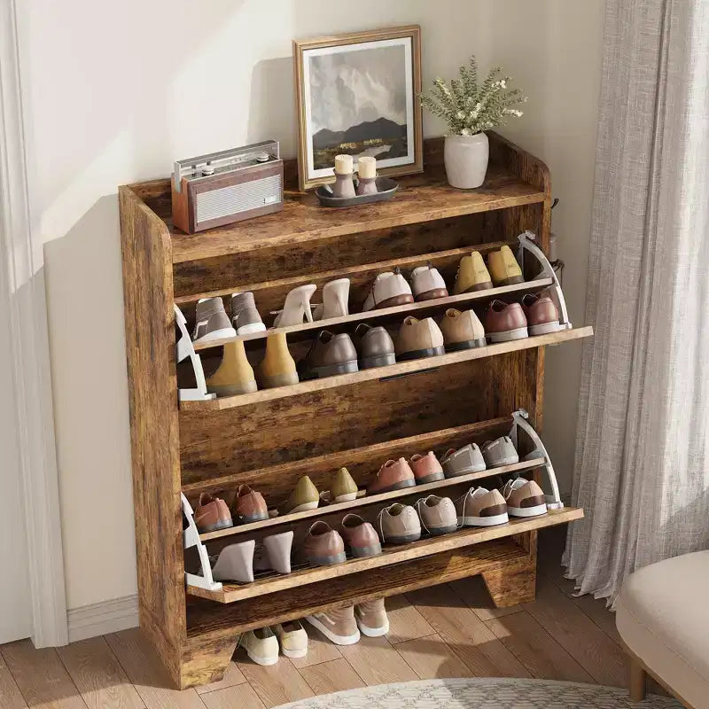 Meuble à chaussures, étagère à chaussures étroite à 2 niveaux avec crochets, organiseur d'entrée mince de style ferme pour les petits espaces
