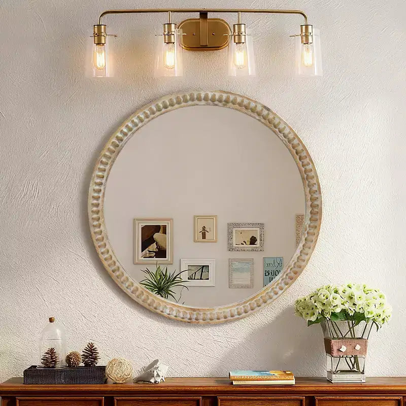 Modern Round Decorative Wall Mirror with Beaded Frame, Vanity Mirror for Bathroom, Accent Mirror for Living Room or Entryway-Panipeachy