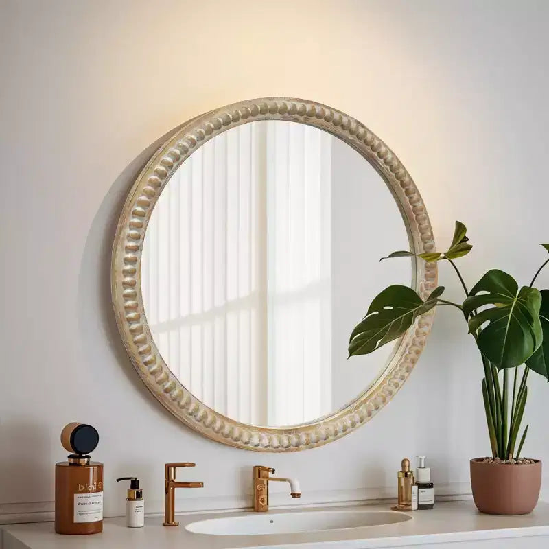 Miroir mural décoratif rond moderne avec cadre perlé, miroir de courtoisie pour salle de bain, miroir d'appoint pour salon ou entrée