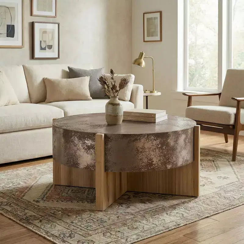 33 Vintage Round Drum Coffee Table with Cross Base, Distressed Rust Finish Center Table for Small Living Rooms or Apartments-Panipeachy