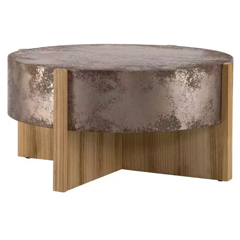Table basse ronde vintage de 33 po avec base croisée, table centrale au fini rouille vieilli pour petits salons ou appartements