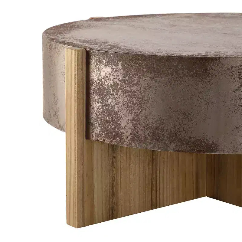 Table basse ronde vintage de 33 po avec base croisée, table centrale au fini rouille vieilli pour petits salons ou appartements
