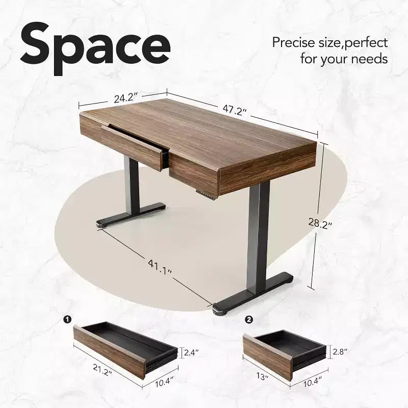 Bureau électrique de 122 cm avec tiroirs, bureau debout réglable en hauteur avec rangement, poste de travail informatique en noyer noir pour bureau à domicile