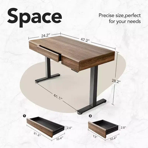 Bureau électrique de 122 cm avec tiroirs, bureau debout réglable en hauteur avec rangement, poste de travail informatique en noyer noir pour bureau à domicile