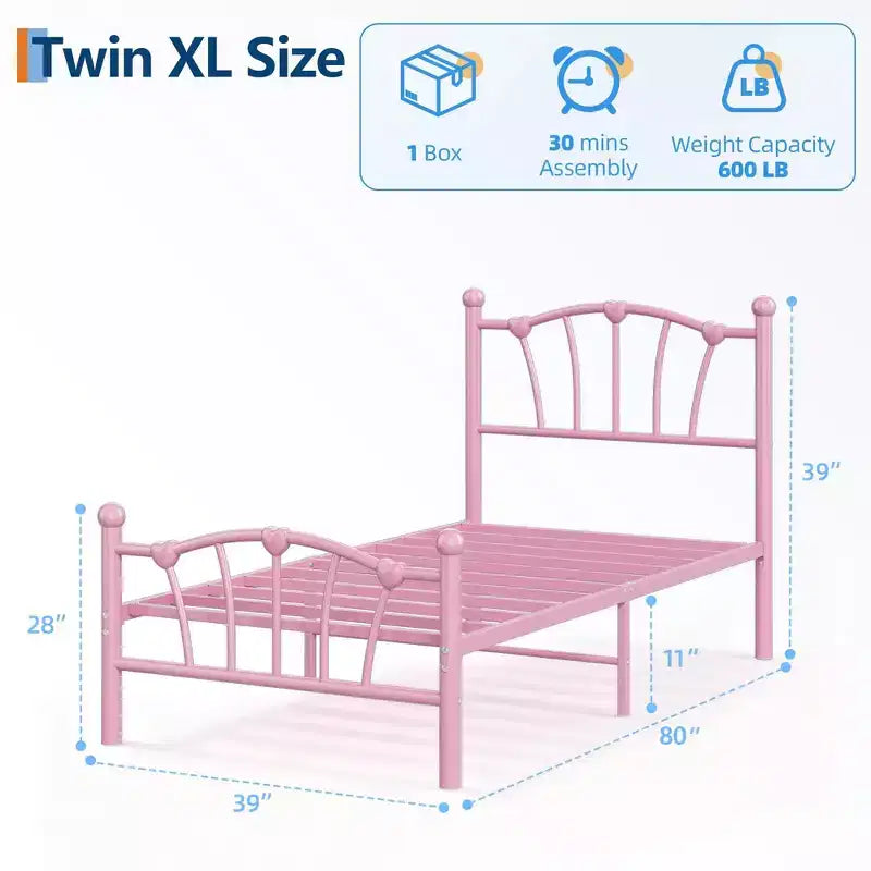 Cadre de lit plateforme en métal chic en forme de cœur - Plateforme robuste avec support à lattes, rangement sous le lit, pas besoin de sommier tapissier - Taille double, blanc