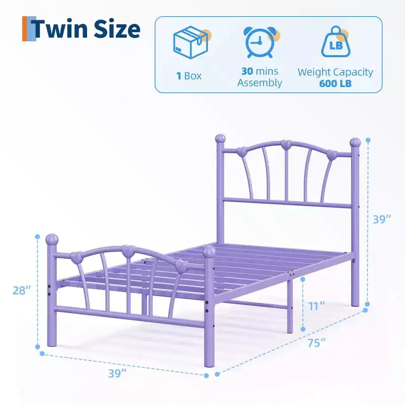Cadre de lit plateforme en métal chic en forme de cœur - Plateforme robuste avec support à lattes, rangement sous le lit, pas besoin de sommier tapissier - Taille double, blanc