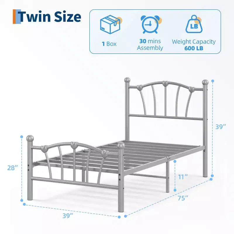 Cadre de lit plateforme en métal chic en forme de cœur - Plateforme robuste avec support à lattes, rangement sous le lit, pas besoin de sommier tapissier - Taille double, blanc