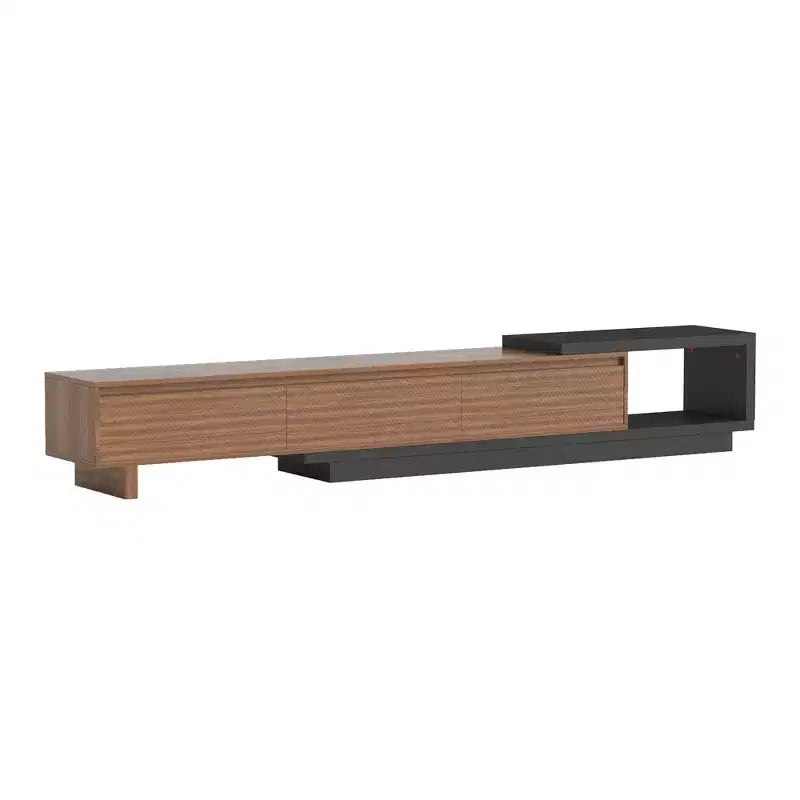 Meuble TV extensible avec 3 tiroirs, façade texturée et console multimédia moderne pour salon