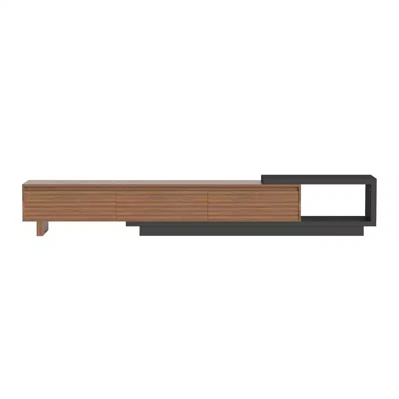 Meuble TV extensible avec 3 tiroirs, façade texturée et console multimédia moderne pour salon