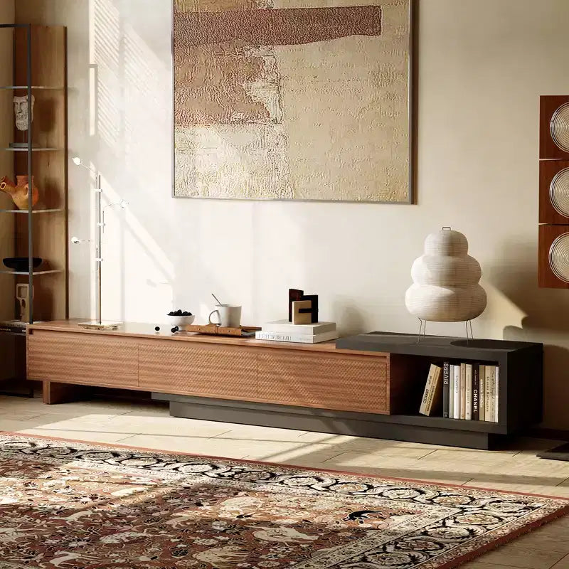 Meuble TV extensible avec 3 tiroirs, façade texturée et console multimédia moderne pour salon