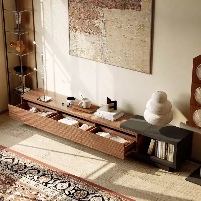 Meuble TV extensible avec 3 tiroirs, façade texturée et console multimédia moderne pour salon