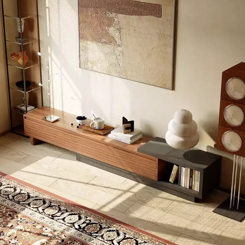 Meuble TV extensible avec 3 tiroirs, façade texturée et console multimédia moderne pour salon
