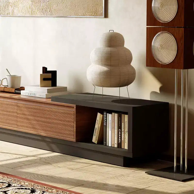 Meuble TV extensible avec 3 tiroirs, façade texturée et console multimédia moderne pour salon