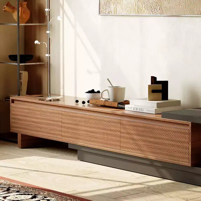 Meuble TV extensible avec 3 tiroirs, façade texturée et console multimédia moderne pour salon