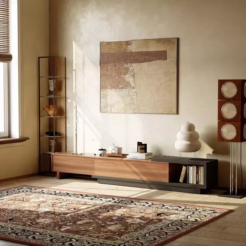 Meuble TV extensible avec 3 tiroirs, façade texturée et console multimédia moderne pour salon
