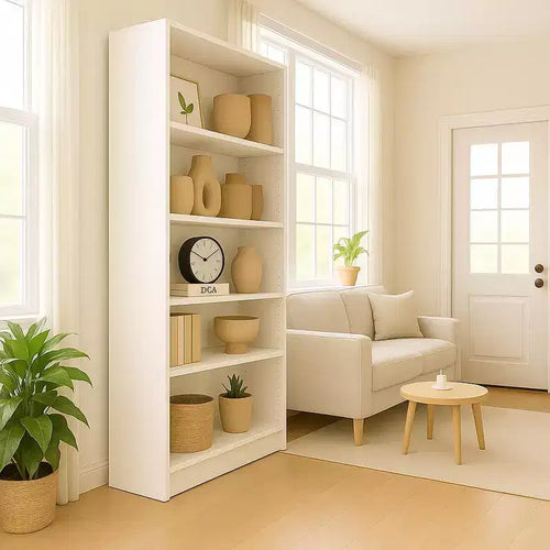 Étagère bibliothèque de 73,66 cm à cinq niveaux avec 5 étagères ouvertes et kit de sécurité anti-basculement, adaptée aux chambres et salons, Blanche