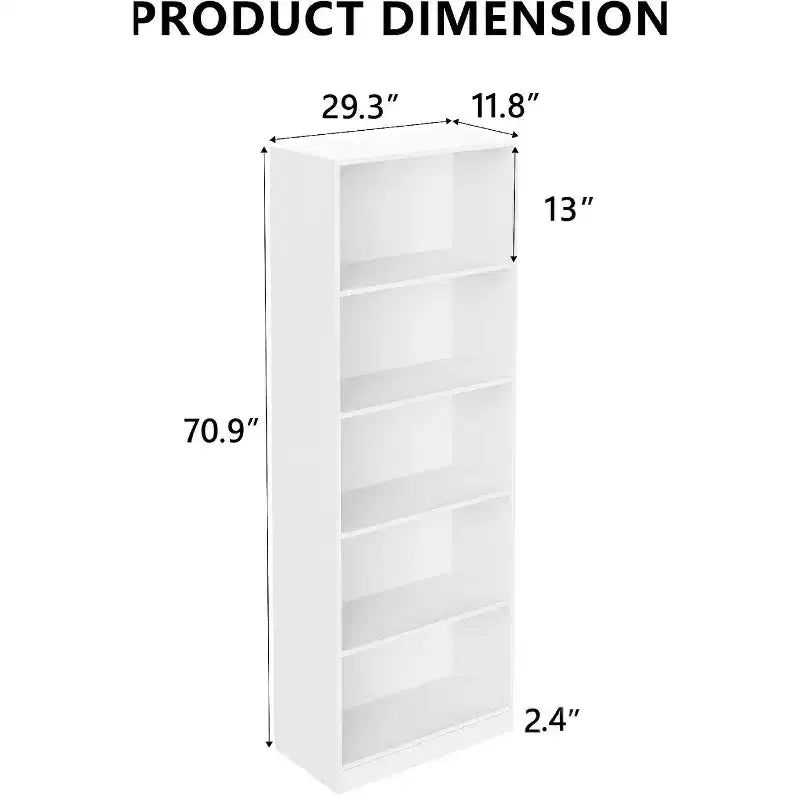 Étagère bibliothèque de 73,66 cm à cinq niveaux avec 5 étagères ouvertes et kit de sécurité anti-basculement, adaptée aux chambres et salons, Blanche