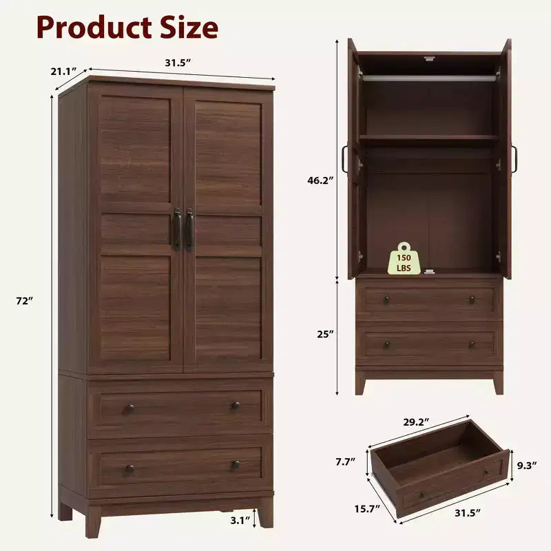 Grande armoire penderie en bois avec 2 tiroirs et 18 étagères réglables, haute armoire de rangement de chambre à coucher avec tringle de suspension et portes modernes