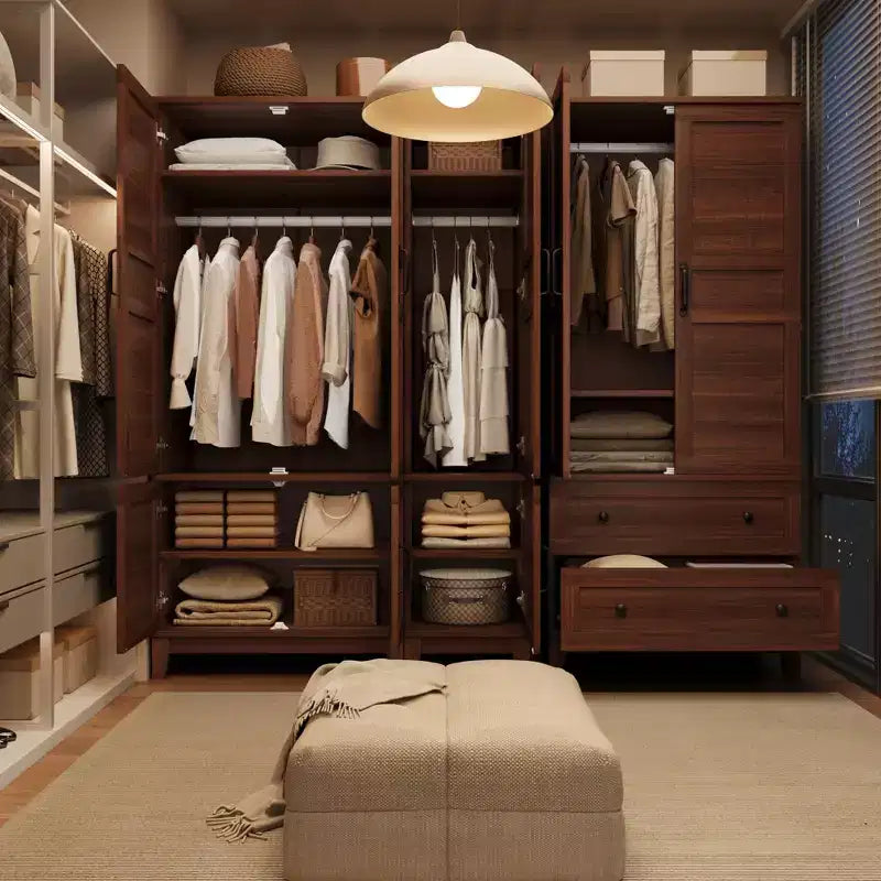 Grande armoire penderie en bois avec 2 tiroirs et 18 étagères réglables, haute armoire de rangement de chambre à coucher avec tringle de suspension et portes modernes