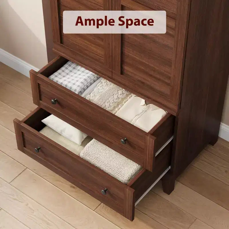 Grande armoire penderie en bois avec 2 tiroirs et 18 étagères réglables, haute armoire de rangement de chambre à coucher avec tringle de suspension et portes modernes