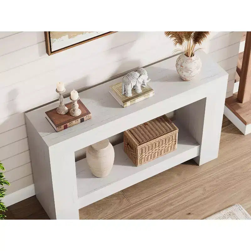 Console de ferme avec base solide, table de canapé à 2 niveaux de 119 cm pour entrée ou salon, table d'appoint rustique en grain de bois - Blanc