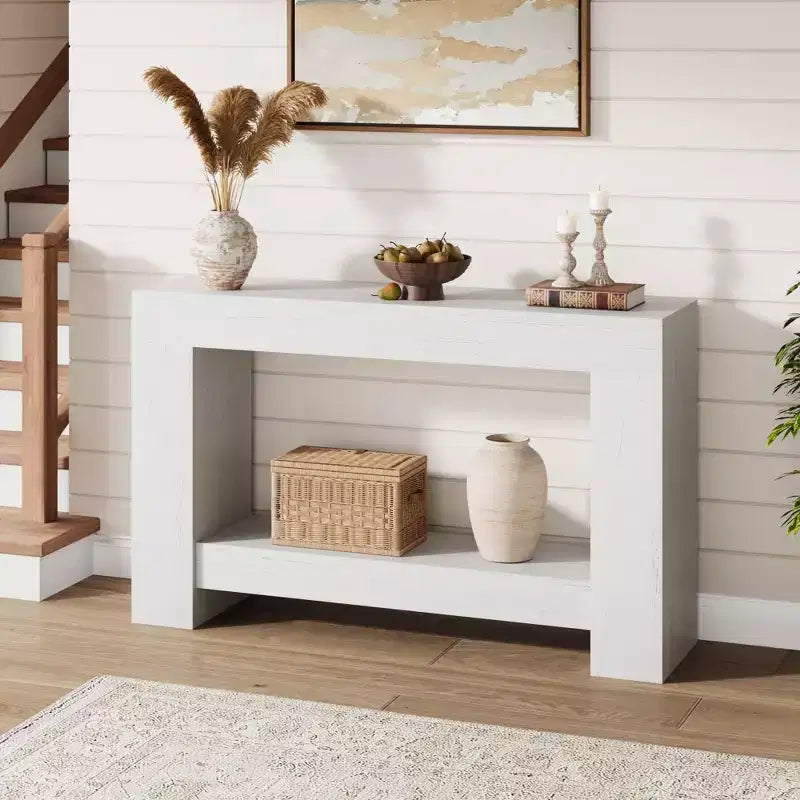 Console de ferme avec base solide, table de canapé à 2 niveaux de 119 cm pour entrée ou salon, table d'appoint rustique en grain de bois - Blanc