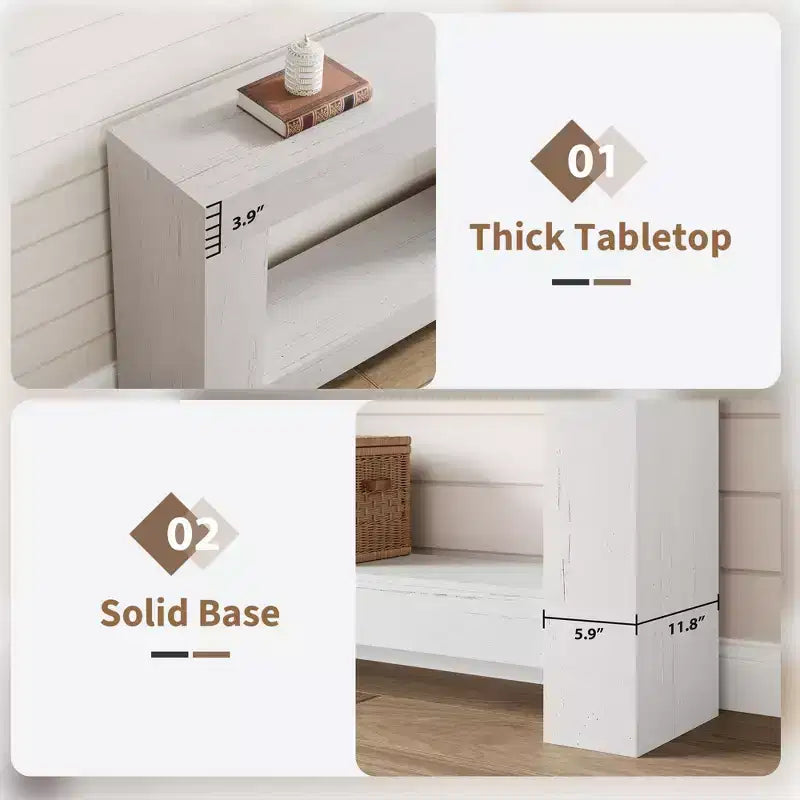 Console de ferme avec base solide, table de canapé à 2 niveaux de 119 cm pour entrée ou salon, table d'appoint rustique en grain de bois - Blanc