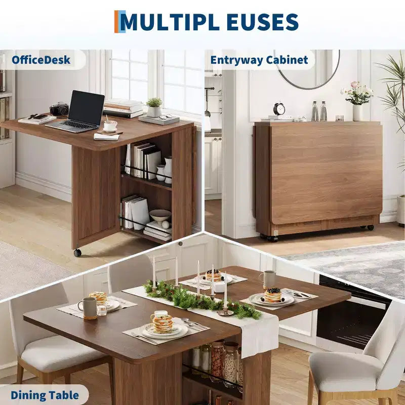 Table à manger pliante pour 4, table de cuisine rustique avec tiroir, étagère de rangement à 2 niveaux et 6 roulettes pour petits espaces