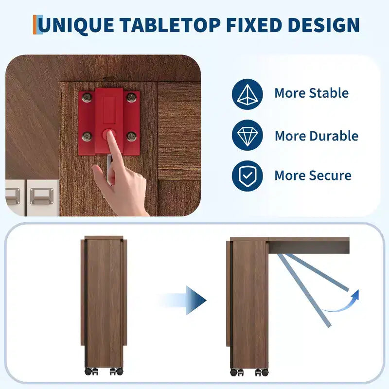 Table à manger pliante pour 4, table de cuisine rustique avec tiroir, étagère de rangement à 2 niveaux et 6 roulettes pour petits espaces