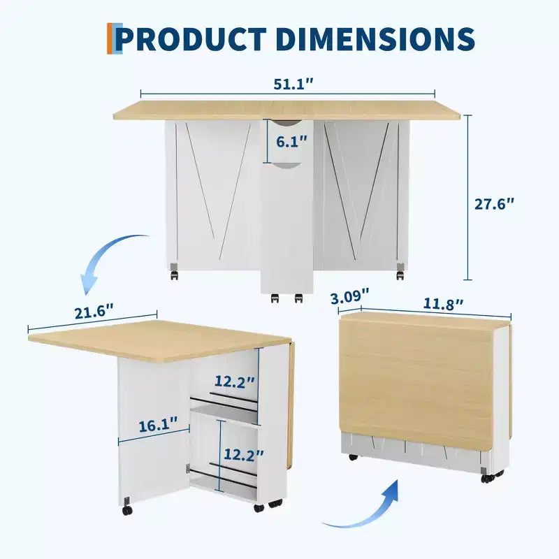 Table à manger pliante pour 4, table de cuisine rustique avec tiroir, étagère de rangement à 2 niveaux et 6 roulettes pour petits espaces